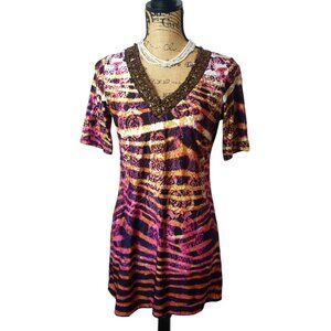 Vintage New Directions Womens S Animal Print V-Neck Embellished Y2K Chic Top
